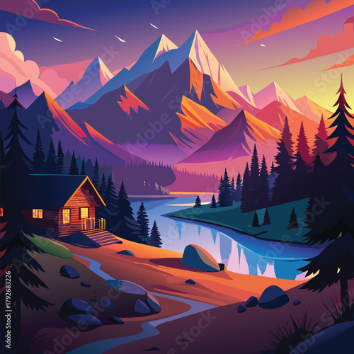 Mountain Cabin at Sunset Illustration