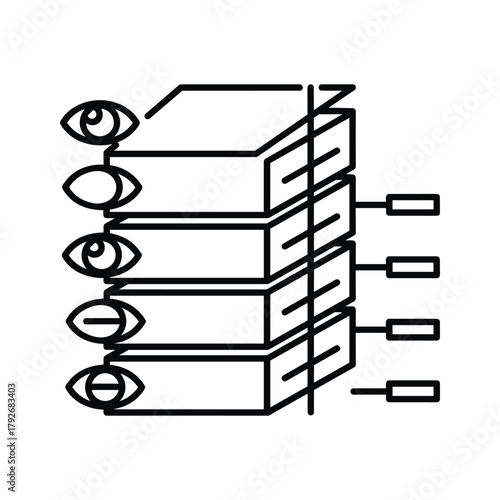 Stack of books with eyes looking at them and data ports