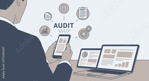 Businessman Conducting Audit on Mobile and Laptop