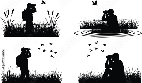 Birdwatching, silhouette, binoculars, nature, birds, observer, wildlife, grass, reeds, sitting, standing, crouching, flying, black, white, illustration, outdoor, activity, posture, scenery