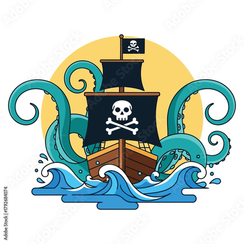 Terrifying pirate ship battles kraken tentacles amid stormy seas, a thrilling adventure on the high seas awaits!