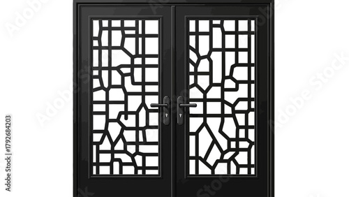 Black double doors with geometric glass panels and silver handles