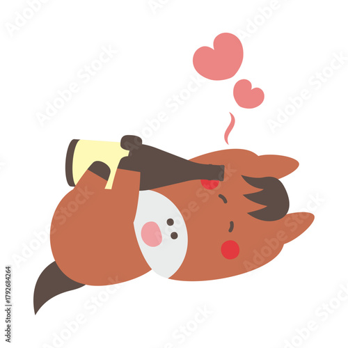 一升瓶を持ってゴロゴロするかわいい馬のキャラクターイラスト素材