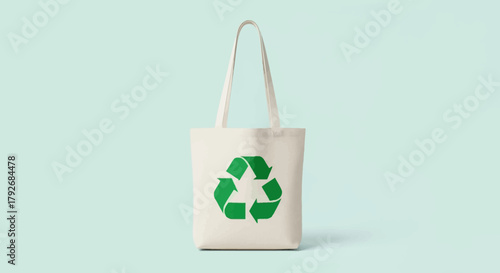Eco-friendly reusable canvas tote bag featuring a prominent green recycling symbol, promoting sustainable shopping and environmental consciousness on a pastel background