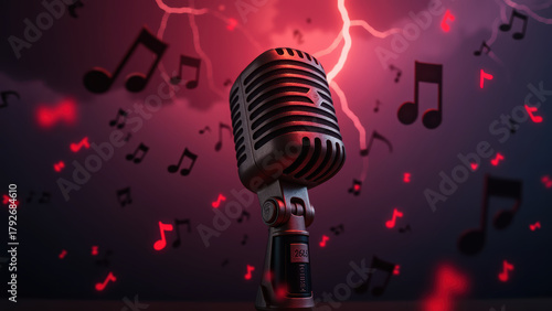 Vintage microphone with musical notes and lightning in background creates dramatic atmosphere. Perfect for music themes and creativity