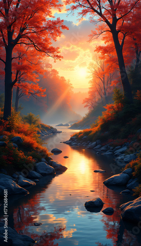 Autumn forest path surrounded by vibrant orange leaves  