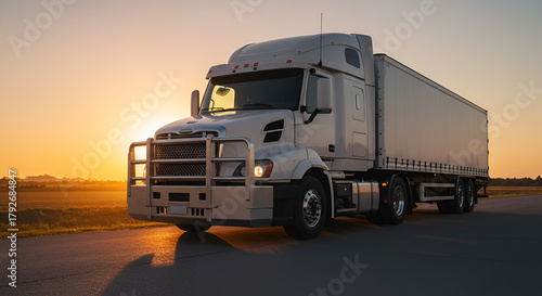 Trucking logistics at vibrant sunset conveys power and efficiency, ideal for transport, freight, and delivery services, symbolizing reliability and speed