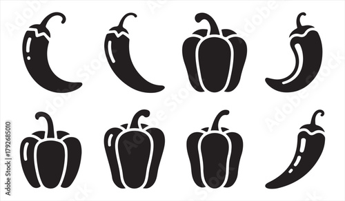 Chili and bell pepper silhouette set in black and white vector style