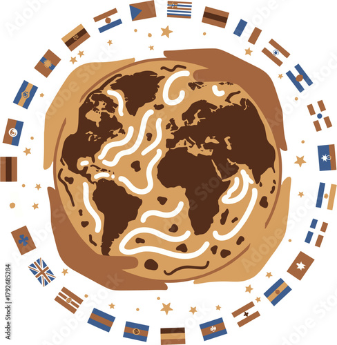Global Unity World Map on a Cookie Held by Multi-Ethnic Hands