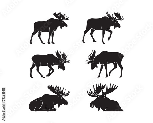 moose silhouette, moose vector, moose collection, moose set, moose head vector, standing moose, walking moose, majestic moose, antler silhouette, moose emblem, moose icon set
