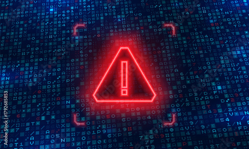 Danger sign. Hacked system or cyber attack. Warning symbol on the screen. Vector illustration.