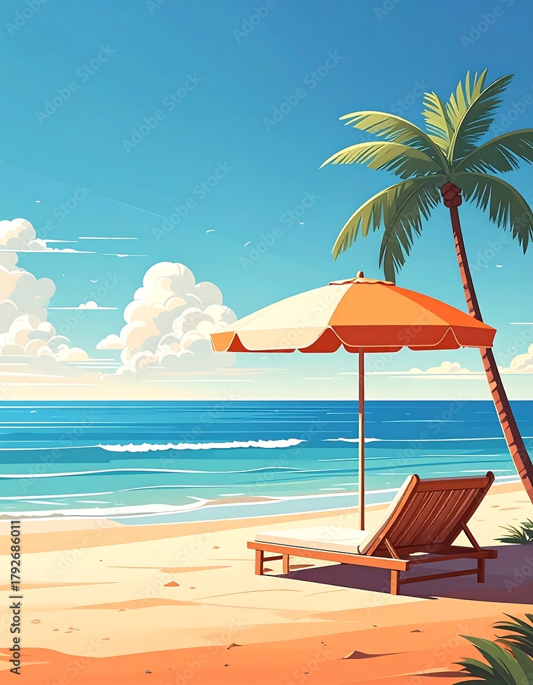 Obraz premium Tropical beach scene with lounge chair and umbrella under palm tree.