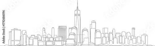 City skyline vector illustration, black and white line art, urban architecture, skyscraper silhouette, minimal design, New York inspired