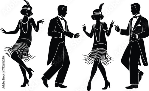 Roaring twenties, flapper dancers, vintage fashion, jazz age, retro party, silhouette figures, formal attire, energetic movement, 1920s dance, celebration scene