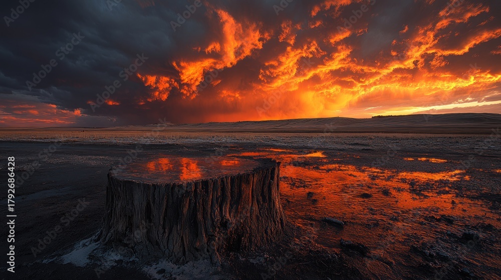 Fototapeta premium Fiery sunset reflecting on a dry, still water, dramatic sky