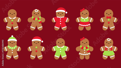 Colorful Gingerbread Family with Christmas Outfits on Red Background