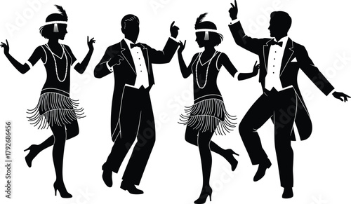 Roaring Twenties, vintage dance, flapper fashion, 1920s party, retro elegance, jazz age, silhouette dancers, Gatsby style, art deco, celebration