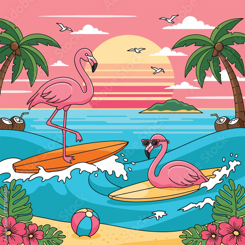 Joyful flamingos embrace summer fun surfing ocean waves under a vibrant sunset, embodying tropical vacation dreams and playful leisure.