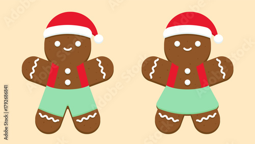 Gingerbread couple wearing Santa hats and red shirts on beige background