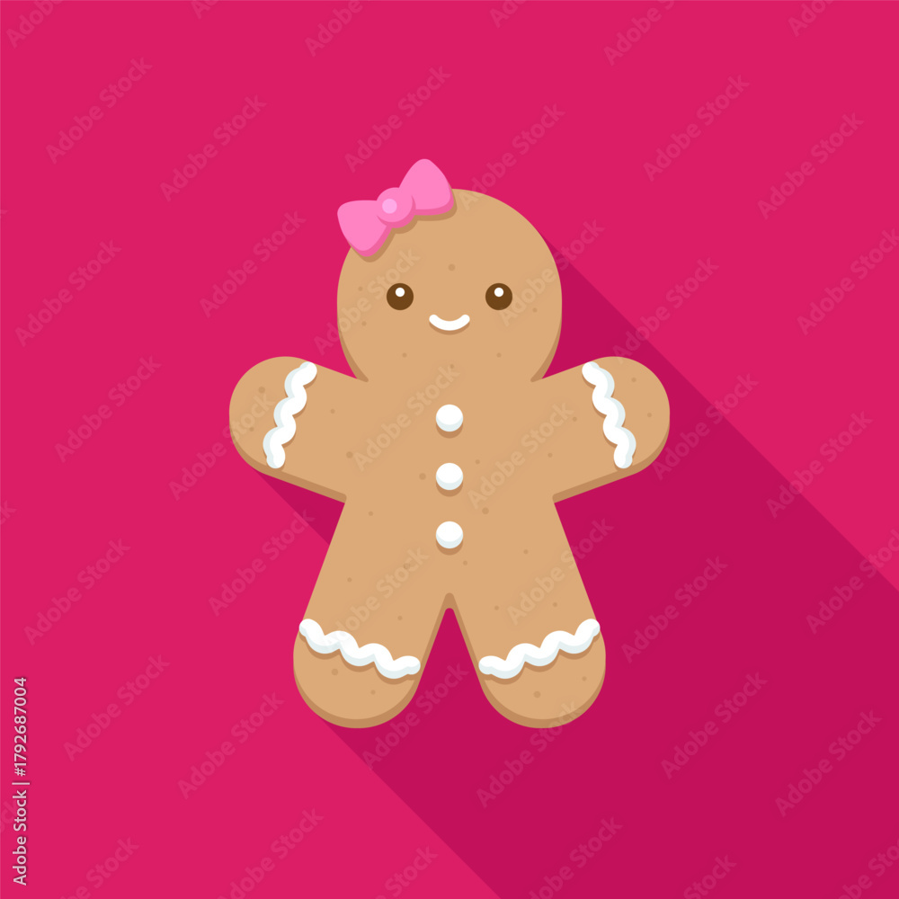 Fototapeta premium Smiling gingerbread girl with pink bow on bright pink background