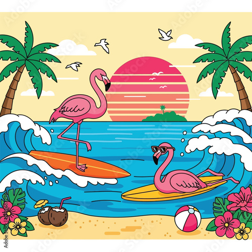 Joyful flamingos embrace vibrant beach life catching waves on surfboards under a stunning sunset sky