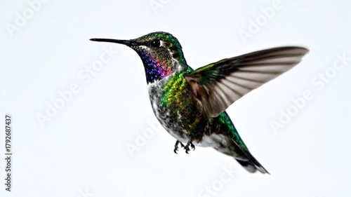 Hummingbird in Flight - Stunning Close-Up Against White Background.