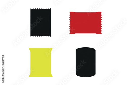 Set of diverse colorful packaging designs for snacks and food items