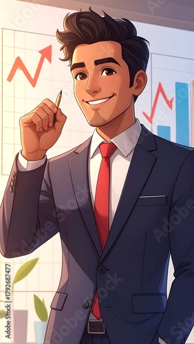 Animated business man with graphs and charts smiling, holding a pen