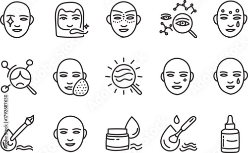 Hand Drawn Minimalist Facial Skincare Line Icons Collection for Beauty and Dermatology Design