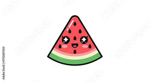 Cute kawaii watermelon slice cartoon character with a happy smiling face. Adorable fruit illustration with sparkling eyes isolated on a white background