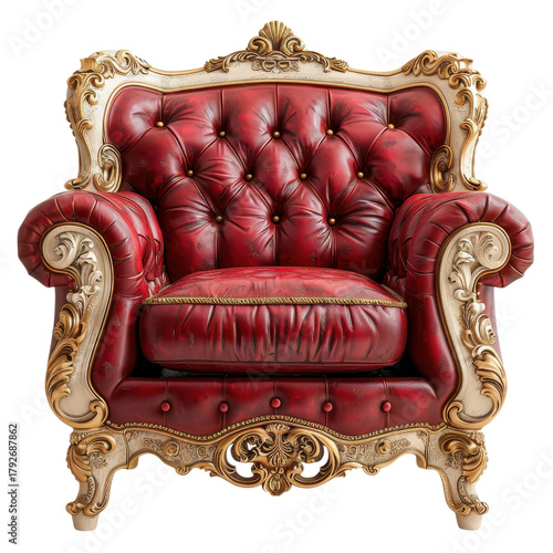 Luxurious red velvet armchair with ornate golden detailing for elegant interiors and stylish living spaces on transparent background