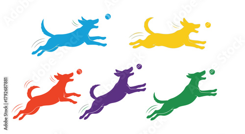 Colorful stylized dogs leaping to catch flying balls a playful illustration