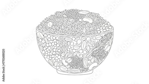 Bowl filled with rice and assorted grains and seeds