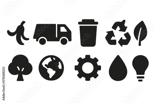 Recycling and environment silhouette icon set. Eco, waste management icon collection
