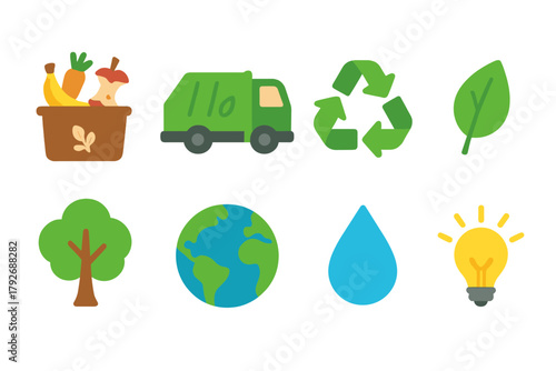 Eco-friendly flat icon set. Sustainability, environment, recycling, nature icons collection