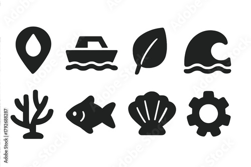 Beach and ocean silhouette icon set. Coastal, nature, marine symbols silhouette collection
