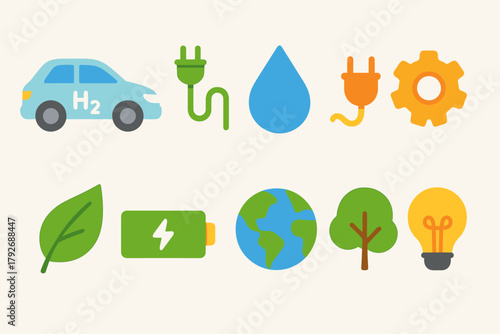 Environmental conservation flat icon set. Nature, renewable energy, eco-friendly symbols.