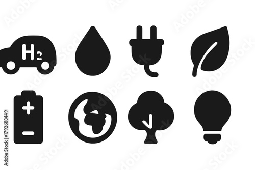 Eco-friendly, sustainable energy solid icon set. Renewable, green icons collection