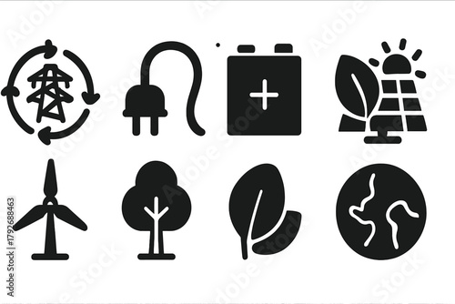 Green energy silhouette icon set. Renewable, sustainable power silhouette collection