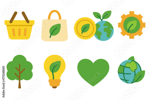 Eco-friendly, sustainability flat icon set. Nature, green energy, recycling icons collection