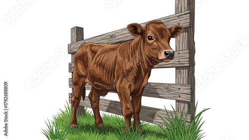 Brown calf stands by a wooden fence in green grass