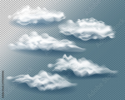 Realistic set of clouds vector weather elements on transparent background isolated