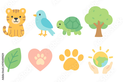 Cute animal and nature flat icon set. Wildlife, environment, friendly creatures collection