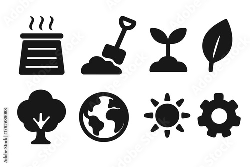 Environmental sustainability solid icon set. Eco-friendly, nature, conservation icons