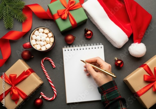 Christmas scene with gift boxes, hot chocolate, candy cane, santa hat, and notebook for writing wishes or a letter to santa