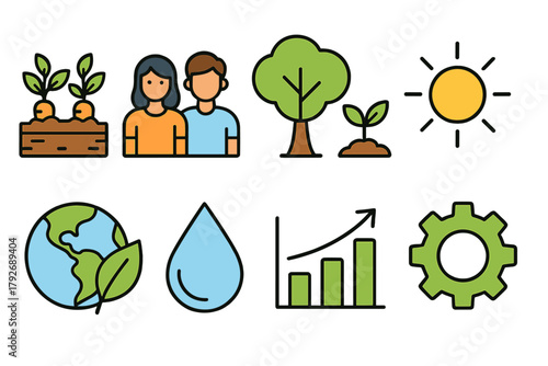 Sustainability, environment flat icon set. Eco-friendly, nature conservation icons collection