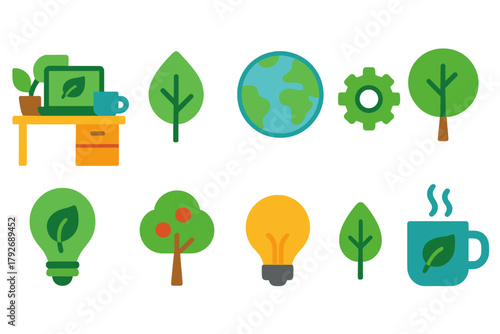 Eco-friendly, nature flat icon set. Sustainable, green living icons collection