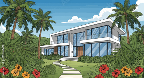 Modern tropical house with large windows and balconies surrounded by lush palm trees and colorful flowers under a blue sky.