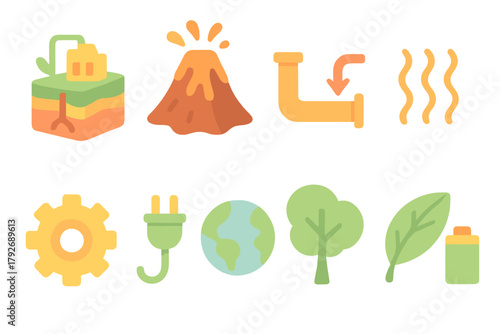 Geothermal energy flat icon set. Sustainable energy and eco-friendly power icons