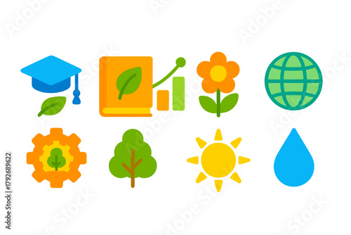 Education, nature flat icon set: learning, sustainability, environment, growth icons